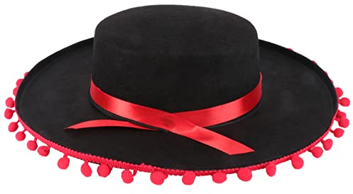 Amosfun Spanischer Hut Filz Partyhut Haarball Band Tanzen Party Leistung Kostüm Hut für Männer Frauen (Schwarz Rot)