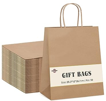Switory 50 Stk Braun Papiertüten mit Henkel - 20,3 x 12 x 26,7 cm Klein Geschenktüten Papiertragetaschen Kraftpapiertüte zum Einkaufen, DIY, Geburtstag, Party