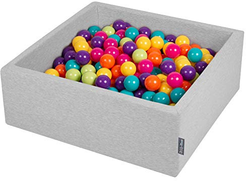 KiddyMoon Bällebad 90X30cm/300 Bälle ∅ 7Cm Bällepool Mit Bunten Bällen Für Babys Kinder Quadrat, Hellgrau:Hellgrün/Gelb/Türkis/Orange/D Rosa/Violet