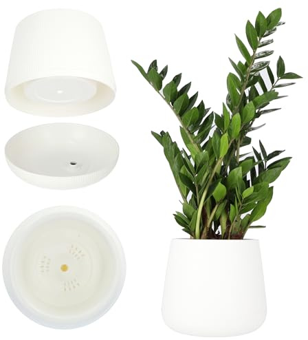 KADAX Blumentopf aus Kunststoff, ⌀13-23 cm, 4 Farben, ovaler Topf mit Untersetzer im Set, Pflanzentopf, Blumenübertopf, Pflanzkübel, Übertopf (⌀ 23 cm, weiß)