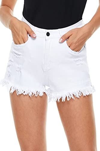 HVEPUO Weiße Kurze Hose Kinder Mädchen Vintage Helle Jeans Pants Slim Fit Röhrenjeans Damen-Shorts Löcher Fransen Schlitz WeissX L