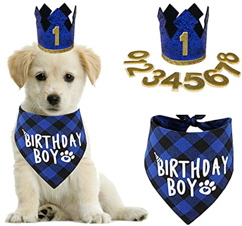 Hunde-Geburtstagsparty-Zubehör,Wiederverwendbarer Hunde-Geburtstagshut und Bandana mit Zahlen, Blaue Krone Partymütze Haustier-Outfits Zubehör Party-Dekoration für kleine mittelgroße Hunde und Katzen