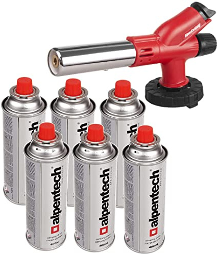 Alpen Camping Gasbrenner Kartuschenbrenner Flammentemperatur 1700˚C Piezozündung Flammenregulierung Lötbrenner Gasanzünder Lötlampe für Gaskartuschen (Gasbrenner + 6x 400ml Kartuschen)