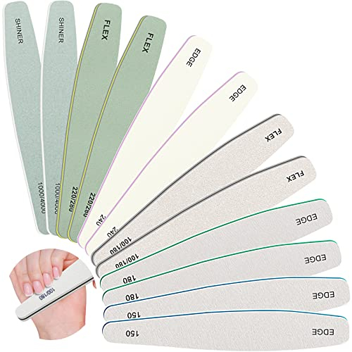 CGBE 12 Stück Nagelfeile, Nagelfeilen Doppelseitige Waschbar für Gelnägel, Acrylnägel und Naturnägel, Profi Nagelfeilen Set für Maniküre, Nagelfeile 100/150/180/220/240/280/1000/4000 Körnung