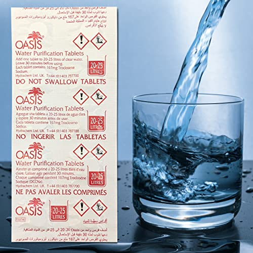 plasteo® PURE OASIS Wasserreinigungstabletten 10 Stück für bis zu 250 Liter Wasserentkeimung | 100% keimfreies Trinkwasser in 30 Min. | 1x Handschuh aus PE | Notfall | Krisenvorsorge | Reiseapotheke