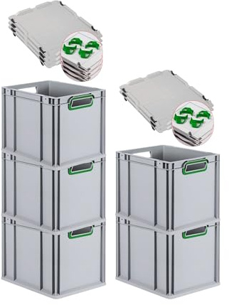 PROREGAL SuperSparSet 5x Eurobox NextGen Color mit Auflagedeckel & Schiebeschnappverschlüsse, HxBxT 32x30x40cm, 30L, Griffe grün offen, Glatter Boden, Eurobehälter Transportbox Transportbehälter