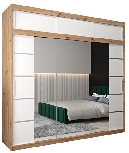 ABIKSMEBLE Verona 4 250 Armario 2 Puertas Correderas para Dormitorio - Armario Moderno con Espejo, Barra y Estantes - 250x240x62 cm (Ancho x Alto x Fondo) - Artisan + Bianco Mate con Extensión