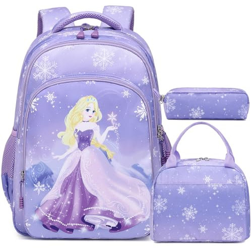 Kimwadalh Mädchen Rucksack mit Brotdose Federmäppchen für Schule, 3in1 Schulranzen-Set mit Brustgurt für Grundschule Vorschule, Prinzessin lila, Einheitsgröße, Prinzessinnen-Rucksack-Set