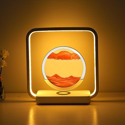Weihnachtsdeko Sandbilder Zum Drehen mit LED Licht, 3D Sandbild Sand Art Tischlampe mit kabelloses Laden, Sand Art Tischlampe Sandkunst Dekor für hochzeitdeko, Herbstdeko, Weihnachtsdeko (Gelb)
