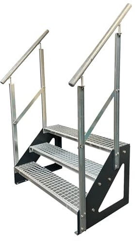 Kaminbau Mierzwa Premium Stahl Treppe Freistehend mit beidseitig verzinktem Geländer/Wangen Anthrazit RAL 7016/3 Stufen verzinkt (Breite 1400 mm) (Höhe 57 cm) Gitterroststufe Gartentreppe