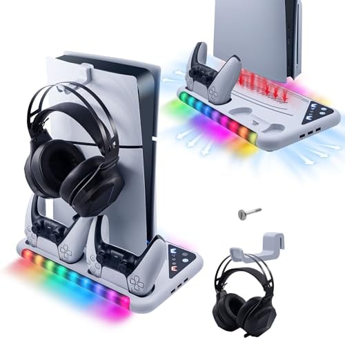 Mcbazel RGB Cooling Charging Fan for PS5/Slim, Adjustable Dual Controller Charging Station With Headphone Hook for UHD/Digital/Slim Console - White (Not for Pro)
