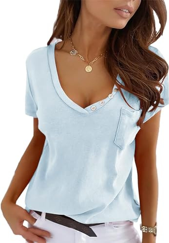 Imily Bela T-Shirt à Manches Courtes pour Femme - Col en V - Sexy - Haut d'été - Tunique décontractée, Bleu Ciel, XL
