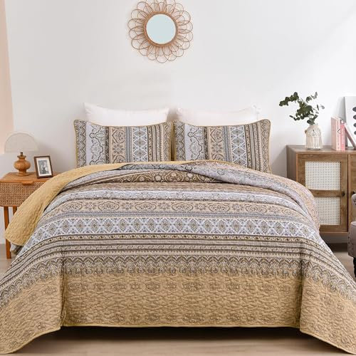 WONGS BEDDING Steppdecken-Set für Kingsize-Bett, Boho-Streifen, 3-teilig, Boho-Stil, leichte Mikrofaser, Ganzjahres-Bettwäsche-Set für Queensize-Bett (264,2 x 228,6 cm), Braun