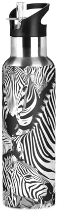 Cheval Zèbre Camouflage Noir Blanc Bouteille d'eau Isotherme avec Paille en Acier Inoxydable Gourde, Sans BPA Gourdes Eau pour Enfant Sport Randonnée École Bureau (600ml/1L)