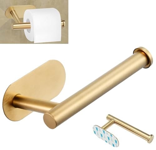 Brushed Brass Toilet Roll Holder, No Drilling Holes Suction Toilet Roll Holder, Wall Moun Toilet Roll Stand, Roller Frame Support Toilet Paper, Used for Tissue Placement (Gold) 