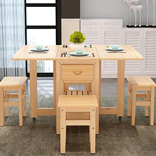 Esszimmergruppe mit Esstisch Ausziehbares Esstisch-Set, Klapptisch, Esstisch aus Holz, Küchentisch und 4 Stühle, platzsparender Ausziehtisch mit 2-lagigem Ablagefach und Rollen, für Küche/Wo