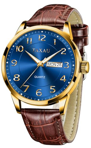 Taxau Brown Strap Watches for Men Waterproof Luxury Analogue Mens Watches Blue Face Easy to Read Day Date Dual Time Watches Men Rose Gold Watch