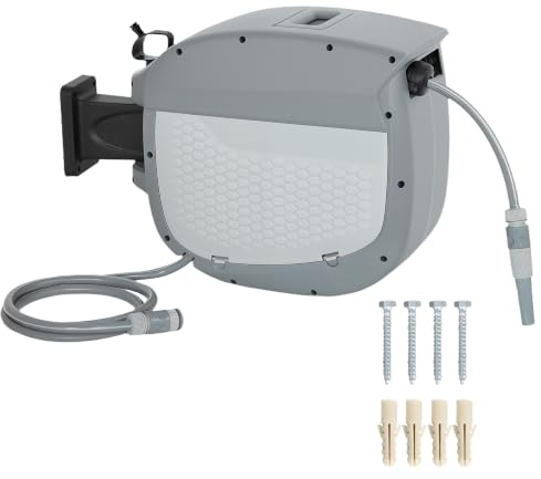 Outsunny Schlauchtrommel mit Gartenschlauch 30 m 180° Schwenkbar Grau | Schlauchbox, Automatische Aufrollung, Selbstverriegelung, Schlauchaufroller zur Wandmontage, Wasserschlauchaufroller
