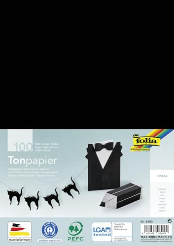 folia 6490 - Tonpapier schwarz, DIN A4, 130 g/qm, 100 Blatt - zum Basteln und kreativen Gestalten von Karten, Fensterbildern und für Scrapbooking