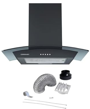 Cookology CGL600BK/A DK1M150 60cm Curved Glass Chimney Cooker Hood in Black with Ducting Kit