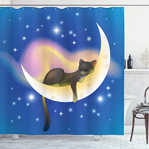 ABAKUHAUS Katzen Duschvorhang, Baby-Kind-Katze, Stoffliches Gewebe Badezimmerdekorationsset mit Haken, 175 x 200 cm, Blau Gelb