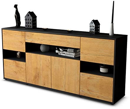Stil.Zeit Sideboard Ginevra, Korpus anthrazit matt, Front Holz-Design Eiche (180x79x35cm) Push-to-Open Technik & Leichtlaufschienen
