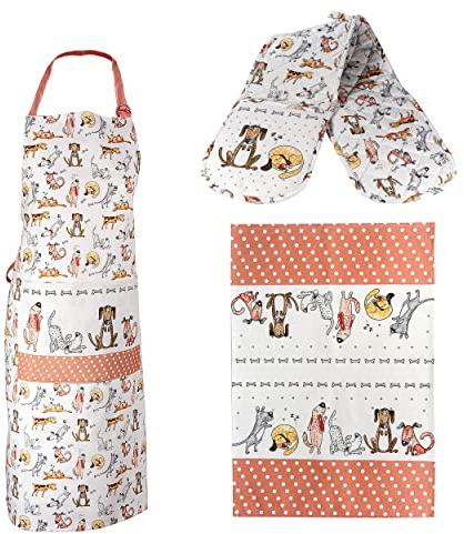 SPOTTED DOG GIFT COMPANY 3 Piece Kitchen Textiles Set - Dog Apron, Double Oven Gloves & Tea Towel, 100% Cotton, Cute Animal Themed Kitchen Accessories for Cooking & Baking, Gifts for Dog Lovers