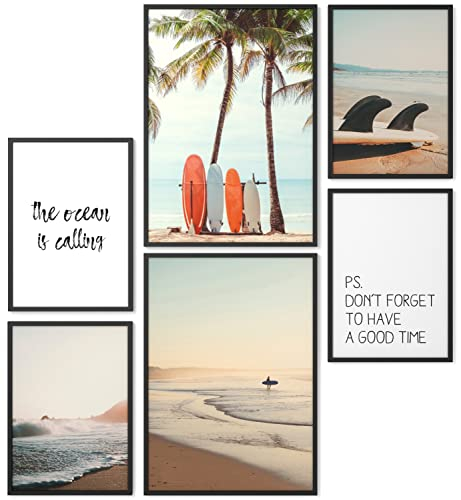 Papierschmiede® Mood Poster Set Surfers Holiday, Bilder Wohnzimmer Deko Schlafzimmer, 2x DIN A4 und 4x DIN A5, Wellen Meer Strand Palmen - Wandposter ohne Rahmen