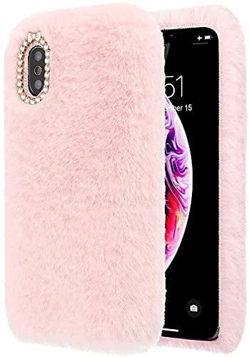 Awenroy for iPhone XS/iPhone X Plush Case Flexible Silicon Soft Fluffy Furry Cute Case Shockproof Back Bumper Cover with Glitter Diamond Bowknot Case - Pink