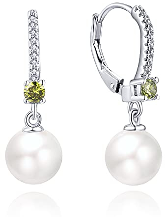 JO WISDOM Damen Perlen Ohrringe Perlenohrringe Silber 925 Hängend Hochzeit Ohrringe mit 8MM Perlen 3A Zirkonia August Geburtsstein Peridot Farbe,Schmuck für Frauen