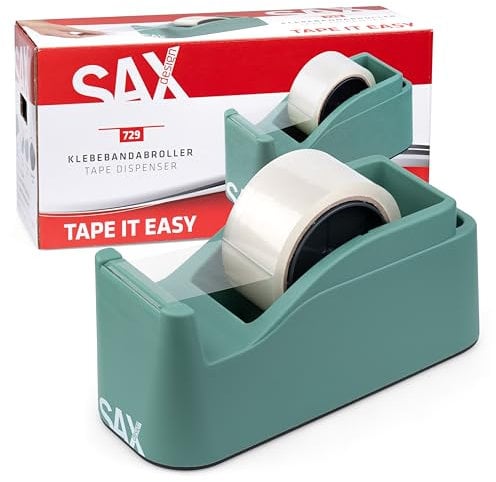 SAX Tape it Easy XXL Dispenser per nastro adesivo a una mano extra pesante, dispenser per nastro adesivo per pacchi con funzione di porta spilli, antiscivolo, verde salvia