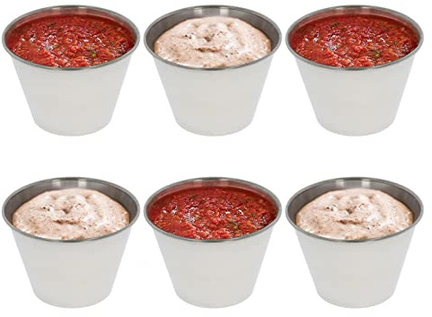 GK Global Kitchen Stainless Steel Sauce Cups 6 Pack Condiment Cups Ramekin Dipping Portion Pots Dip Snack Metal Bowls Set for Ketchup BBQ Mustard Salad Dressing Sushi SOYA Sauce (7cm-3oz)