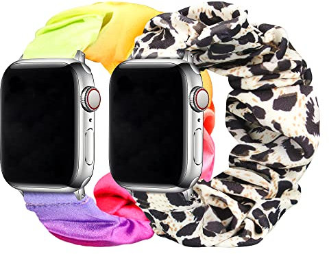 Meideli Lot de 2 bracelets en tissu imprimé compatibles avec Apple Watch, bracelet chouchou élastique compatible avec Apple iWatch Sery 10 9 8 7 6 5 4 SE, 44/45/46mm size S