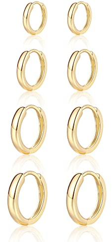 MASOP Ohrringe Gold, 4 Paar Silber 925 Creolen Set (6/8/10/12mm), Leicht Hypoallergen Huggies Vergoldet Mini Creolen Gold Klein für Damen Herren Mädchen