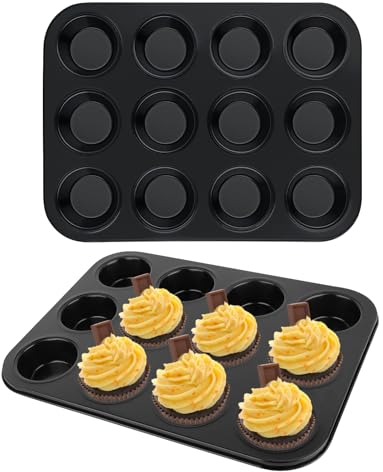 12 Molde para Magdalenas 2pcs (35×26×3 cm) Bandejas para Hornear Moldes Magdalenas Molde de para Pasteles Moldes de Horneado Bandeja para Hornear Muffins Bandeja Antiadherente para Horno, Negro