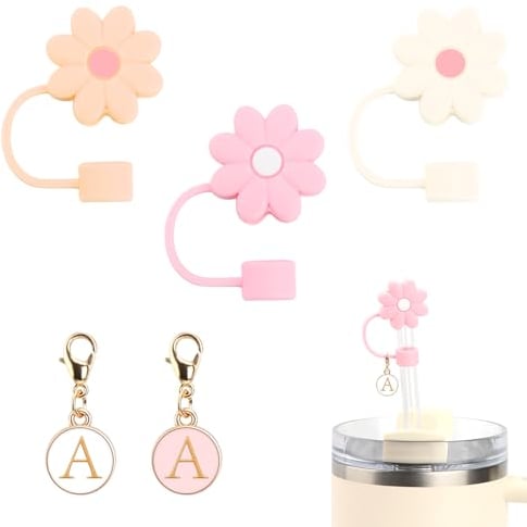 3Pcs Silicone Straw Covers and 2Pcs Letter Charms Accessories for Stanley Cup,Dustproof 10mm Straw Caps,Personalized Stanley Accessories,fit for Hydro Flask Tumbler Accessories (A)
