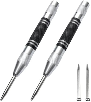 haierdidi Pack of 2 Automatic Centre Punch, Metal Automatic Centre Punch Tool, Automatic Window Breaker, Positioner for Metal, Steel, Wood, Glass, Non-Slip Handle with 2 Replacement Tips