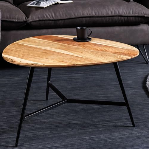 LEBENSwohnART Design Couchtisch BELLEZA 60cm Natural Akazie Schwarze Metallbeine dreieckig oval
