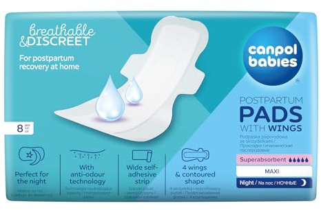 Canpol babies Postpartum-Binden mit Flügeln, ultra-saugfähig, weich und atmungsaktiv, breiter Klebestreifen (Nacht, 8 Stück)