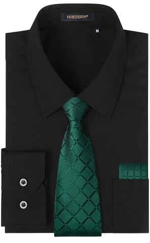 HISDERN Black Shirt and Tie Set for Men Formal Dress Shirts Long Sleeve Solid Business Button Down with Pocket 3XL