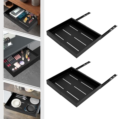 RUETERY 2 StücK Teleskopschublade, Ausziehbarer Schrank Organizer mit Schienensystem, Kein Bohren Küchenschrank Organizer, Für Geschirr, Werkzeuge, Reinigungsmittel, Schwarz