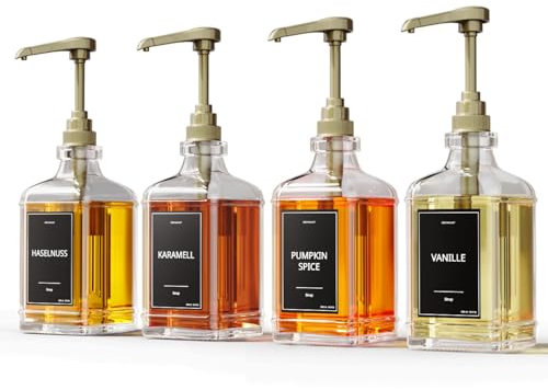 GREYMOUNT ® Lot de 4 distributeurs de sirop - 500 ml - En verre - Avec pompes doseuses dorées - Pour café, cocktails et plus encore - Avec 48 étiquettes et entonnoir