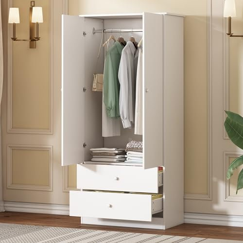 Ojiuboo Weißer 2-türiger Kleiderschrank mit Stange und 2 Schubladen, geeignet für Schlafzimmer, Wohnzimmer, Flur, hochwertige Spanplatte