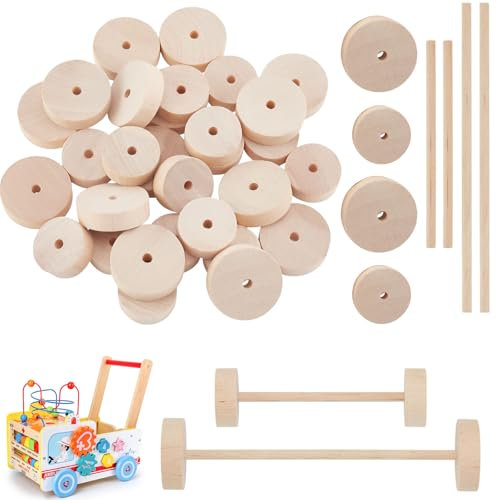 Pamtns 80 Piezas Ruedas de Madera Sin Pintar con Palos de Madera Discos Redondos Madera Ruedas de Madera Sin Terminar con Agujeros Palillos de Madera Redondos Natural para Manualidades Pintura DIY