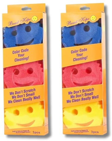 Smiley Face Sponges Cleaning Bundle - 2 x Packs of 3 Colourful Smiley Face Sponges - Includes Red, Blue, and Yellow Sponges - All-Purpose, Non-Scratch, Durable Scrubbing Sponges by Kevagh