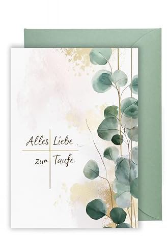 WBdesignz Taufkarte mit Eukalyptus Umschlag - Glückwunschkarte zur Heiligen Taufe Alles Liebe zur Taufe Eukaliptus Zweig Gold Kreuz Aquarell Geschenkkarte für Täufling Eltern Paten (DIN A6)