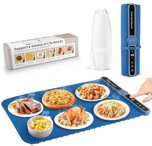 Gxpjycfob Vassoio Riscaldante Elettrico Pieghevole, Tappetino Rriscaldante Cucina in Silicone Flessibile con 9 Impostazioni di Temperatura da 40 a 120 ° C per Celebrazioni a Buffet da 60x38 cm (Blu)