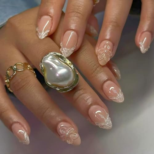 SXVME French Tip False Nails 3D Flower Press on Nails with Pearl Design FakeNails Glossy Acrylic Full Cover Nude Stick on Nails Short Almond False Nails for Women Manicure 24 Pcs