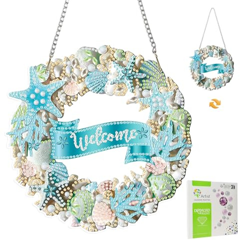 MISCER Willkommensschild Diamant Painting Hängende Ornament Kit, DIY Diamant Kunst Anhänger Kit für Erwachsene, Diamant Fenster Hängende Kranz Ornament für Home Decor und Geschenk