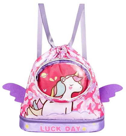 Bldrwer Borsa Piscina Bambina, Zaino Piscina Bambino, Grande Capacità, con Coulisse, Scarpiera e Bagno Bagnato, per Nuoto, Fitness, Rosa